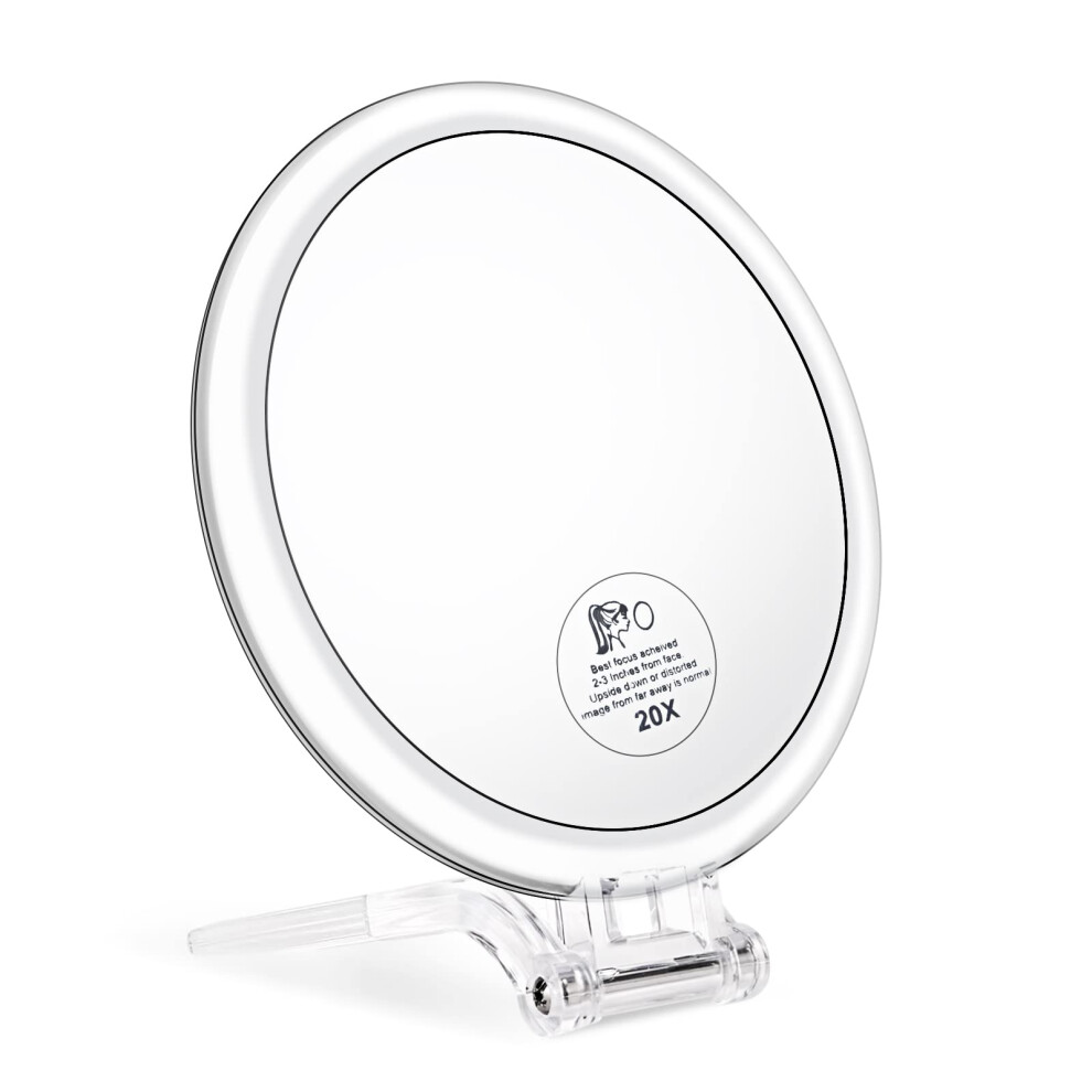 Jmh Magnifying Handheld Mirror Double Sided, 1X 20X Magnification Hand Mirror, Travel Folding Held Adjustable Rotation Pedestal, Portable Small Makeup