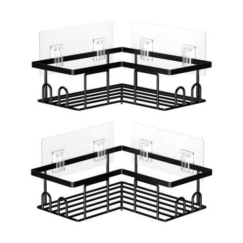 UUlioyer Corner Shower Caddy, Rustproof Bathroom Shelf No Drilling, Bath Storage with Hooks (2-Pack Corner Shower Caddy- Black)