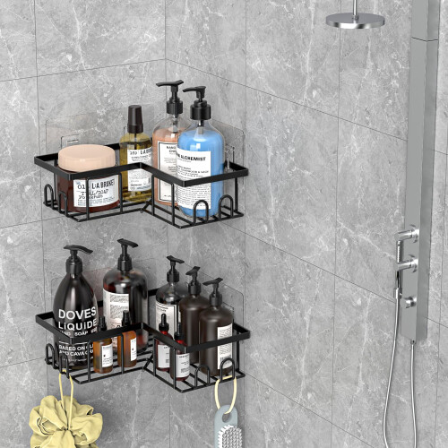 UUlioyer Corner Shower Caddy, Rustproof Bathroom Shelf No Drilling, Bath Storage with Hooks (2-Pack Corner Shower Caddy- Black) 1