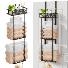 HapiRm Over Door Towel Rack - 3 Tier Towel Rack Wall Mounted with Metal Shelf Basket and 6 Hooks, Space-Saving Bathroom Towel Holder, Bathroom Towel