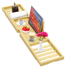 Premium Bath Tray Caddy, Expandable Bamboo Wooden Bath Trays for Across The Bath