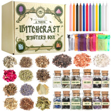 Tassika Witchcraft Starter Kit, Witchcraft Supplies for Wiccan Altar- 63 Pack of Crystals Dried Herbs, Colored Magic Candles, Charm Bags and Ritual