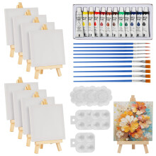 44 Pcs Mini Canvas and Easel, Small Canvas Painting Set Includes 4x4 Inches Canvases, Paint Brushes, Paint Palette and Acrylfarben, Wooden Mini Easels