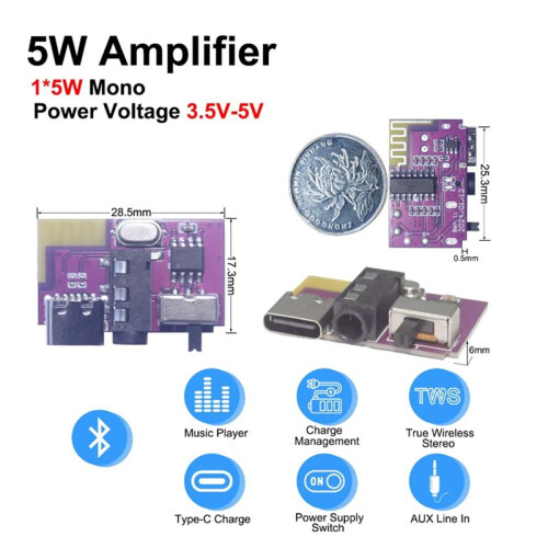 DC3.5V-5V 5W Mono Audio Amplifier  Decoder Board Supports TWS Pair TYPE-C Interface Electronic Component Kit 2