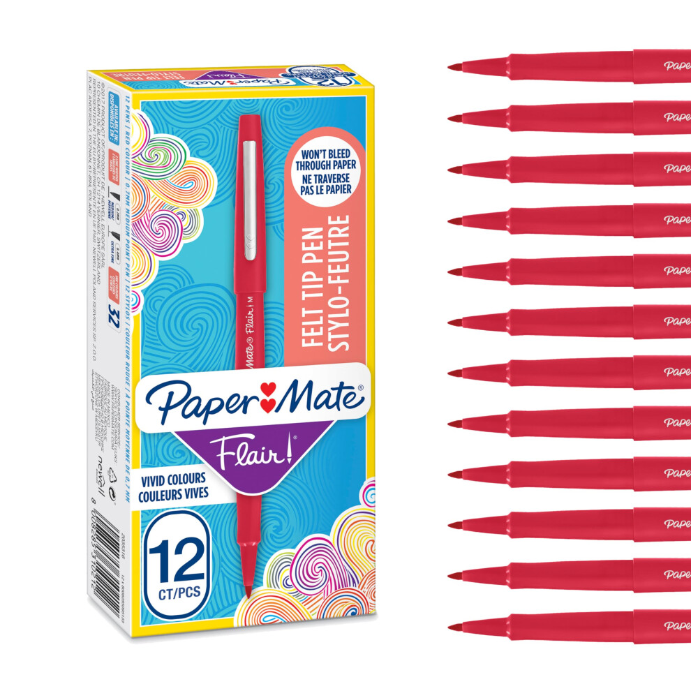 Paper Mate Flair Felt Tip Pens | Medium Point (0.7 Mm) Marker Pens | Pens | For Writingmarkingdrawing & Sketching | 12 Count Red