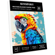 KINSPORY Watercolour Paper Pad A3 x 30 Sheets - 300GSM Glue Bound, Cold-Pressed Texture Art Watercolour Paper, Sketchbook for Painting, Drawing,