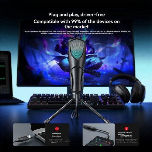Microfono da Gioco Professionale, Microfono A Condensatore USB da Tavolo, Luce RGB, Microfono per Videoconferenza In Streaming Live 2