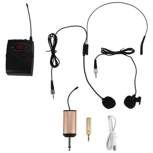 Wireless Microphone Set with -Wear + Lavalier Lapel Mics Transmitter Receiver UHF Frequency for Speech Teaching