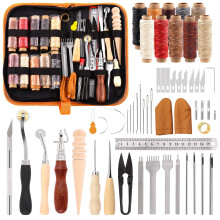 Swpeet 46Pcs Leather Craft Kit, Working Tools & Supplies with Waxed Thread Groover Awl, Stitching Punch, Tracing Wheel, Sewing Needles & More