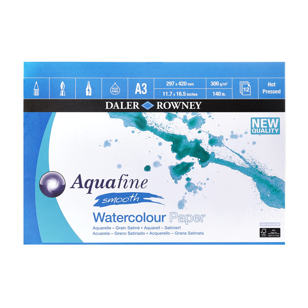 Daler Rowney Daler-Rowney Aquafine Smooth Hot-Pressed Watercolour & Gouache A3 300Gsm Paper Pad, Glued 1 Side, Natural 12 Sheets, For Professional & White
