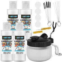 X ARTY HUB Airbrush Cleaning Kit - 4 * 120 ml Airbrush Cleaner with Glass Cleaning Pot, Brushes and Needles Set for Removing Clogged Water-Based