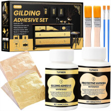 Gilding Adhesive Set, TUFINEIN 3.53oz/100ml Water Based Adhesive and Varnish, Gold Leaf and Champagne Gold Foil Gilding Kit, Furniture & Crafts