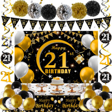 21st Birthday Decorations for Him Her, 21st Birthday Banner Backdrop Balloons Black and Gold, Happy 21st Bday Decorations for Men Banners Tablecover