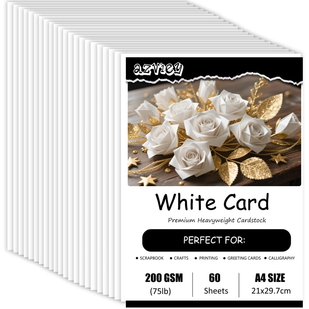 Azviey 60 Sheets White Card A4, 200Gsm Cardstock Smooth Thick Craft Paper, Perfect For Arts,Crafts And Printing, 21 X 29.7Cm
