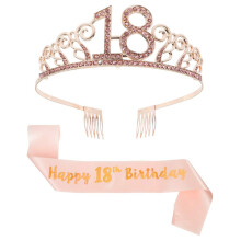 You&Lemon Rose Gold Happy 18th Birthday Sash and 18 Birthday Tiara Rhinestone Crown Headband for 18 Birthday Gift Party Accessories 18th Birthday