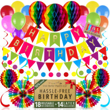 Premium Reusable Birthday Party Decorations - Rainbow Birthday Decoration Set - Balloons, Happy Birthday Banner, Birthday Bunting, Honeycomb