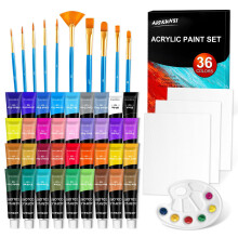 ARTKUNST 50 Pack Acrylic Paint Set, 36 Colours Acrylic Paint (12ml) with 10 Brushes 3 Canvas 1 Palette, Complete Set for Kids, Adults Painting on