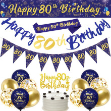 Navy Blue Gold 80th Birthday Party Decorations - Happy Birthday Banner, Triangle Flag Banner, Confetti Latex Balloons
