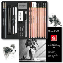 KALOUR PDAS 22pcs Charcoal Drawing Set, Professional Art Supplies, Black & White Charcoal Pencils for Drawing, Sketching, Shading, Blending, Artist