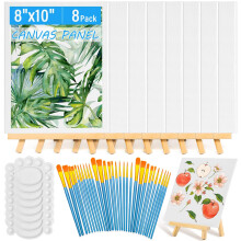 54 Pieces Canvas with Easel, 8 x 10 Inch Canvas Boards with Wooden Easels Brushes Canvas Painting Kit for Acrylic Oil Watercolor Beginner Art Craft