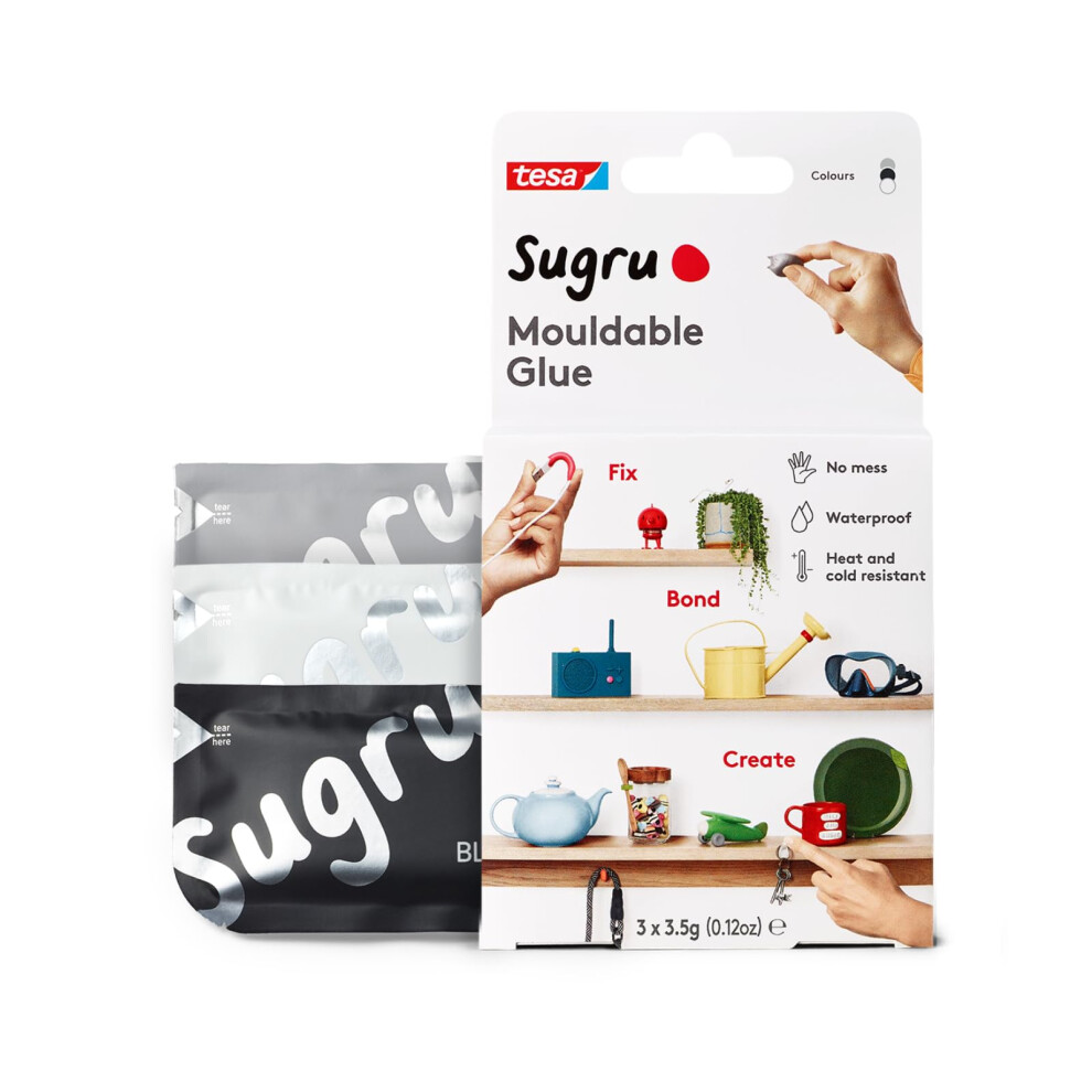 Sugru By Tesa - Moldable Multi-Purpose Glue For Creative Fixing And Making, Black, White & Gray, 3 Piece 5051222556733