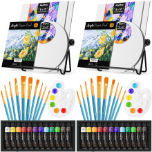 Nicpro Acrylic Paint Canvas Set, 80PCS Art Painting Supplies Kit with 2 * 12 Colors Paint, 6 Canvas, 2 Table Easel, 2 * 10 Brushes, 2 Paper Pad, 2