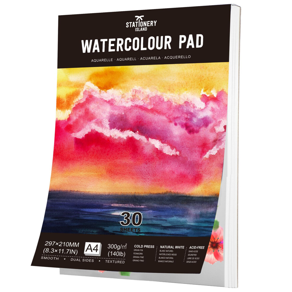 Stationery Island Watercolour Paper A4 Pad, 30 Sheets Water Colour Paper 300Gsm, Glue Bound, Cold-Pressed Texture, Watercolour Sketchbook For