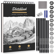 DazSpirit A4 Sketchbook, Hardcover Sketch Book with 200g/m? Thick Paper, 12 Sketch Pencils & Erasers, Spiral-Bound Sketch Pad, 50 Sheets/100 Pages