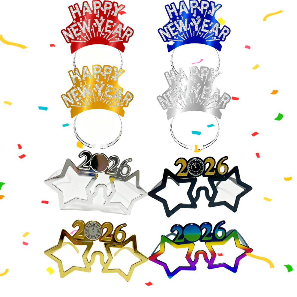 Zkfsie 8 Pcs New Years Eve Decorations 2026, Happy New Year Glasses And Headband, Happy New Year Decorations 2026, New Years Eve Party Supplies 5051222553022