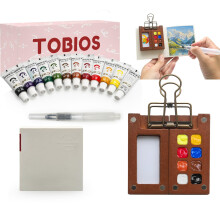 Tobios Mini Watercolour Kit,Travel Watercolour Set,Mini Watercolour Paint Set Travel with Brush, Wooden Palette and Sketchbook,Suitable for Beginners