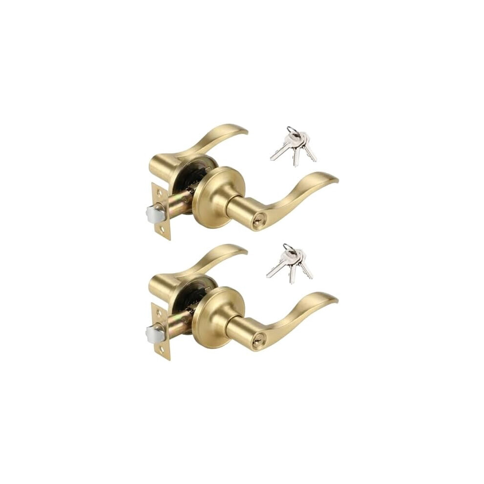 2 Pack Of Wave Lever Keyed Entry Door Lock/Door Knob Hardware Handle And Closet Lockset, Gold Color, With Key,Right Hand(805-G-R-2) 9180479075301