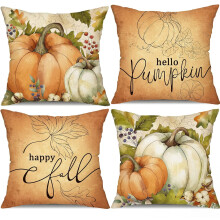 Herbstliche Kissenbezüge (50 x 50 cm), 4er-Set, Aquarell-Kürbis- und Ahornblattmotiv, für drinnen und draußen, Herbstliche Deko im Landhausstil
