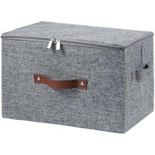 Panier de rangement pliable en coton et lin avec couvercle à fermeture éclair