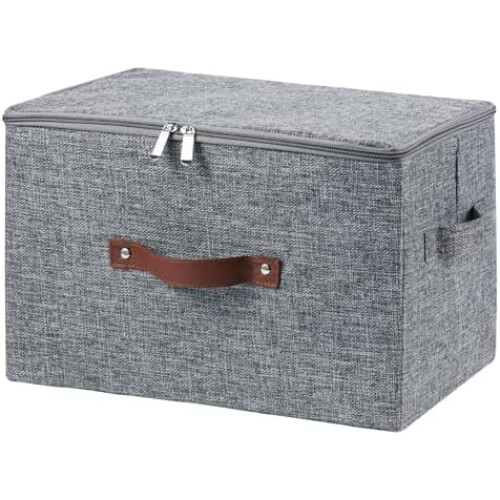 Panier de rangement pliable en coton et lin avec couvercle à fermeture éclair
