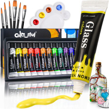 Colorful Acrylic Glass Paint Set with 6 Brushes, 1 Palette, 12 Colors Stain Glass Paints for Wine Glass, Waterproof Acrylic Enamel Paint Kit to Create
