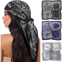 Lenço de cabeça quadrado grande de cetim de 35 polegadas - Conjunto de 3 lenços de cabelo de cetim, bandana de seda, lenço de cabeça com toque