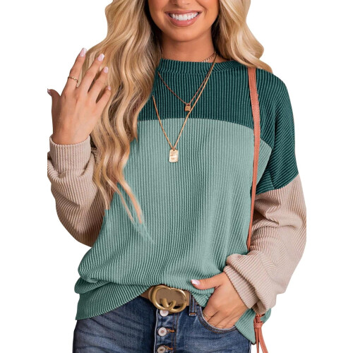 Damenmode 2023: Farbblock-Strickpullover mit langen Ärmeln und Rundhalsausschnitt