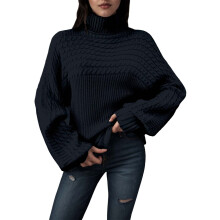 Damen-Langarm-Strickpullover Schwarz Herbst Winter