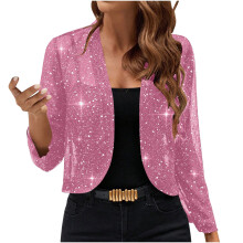 Giacca corta da donna con paillettes, cardigan leggero ed elegante in rete, blazer glitterato alla moda per feste serali 2025 Rosa, L