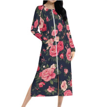 Blommig pyjamasklänning med fickor, långärmad, dragkedja framtill, raglanärm, dubbelsidig fleece – S-2XL