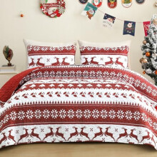 Reversible Christmas Quilt Twin Size, Red Lightweight Coverlet with Reindeer & Snowflakes Pattern (1 Quilt + 1 Sham)