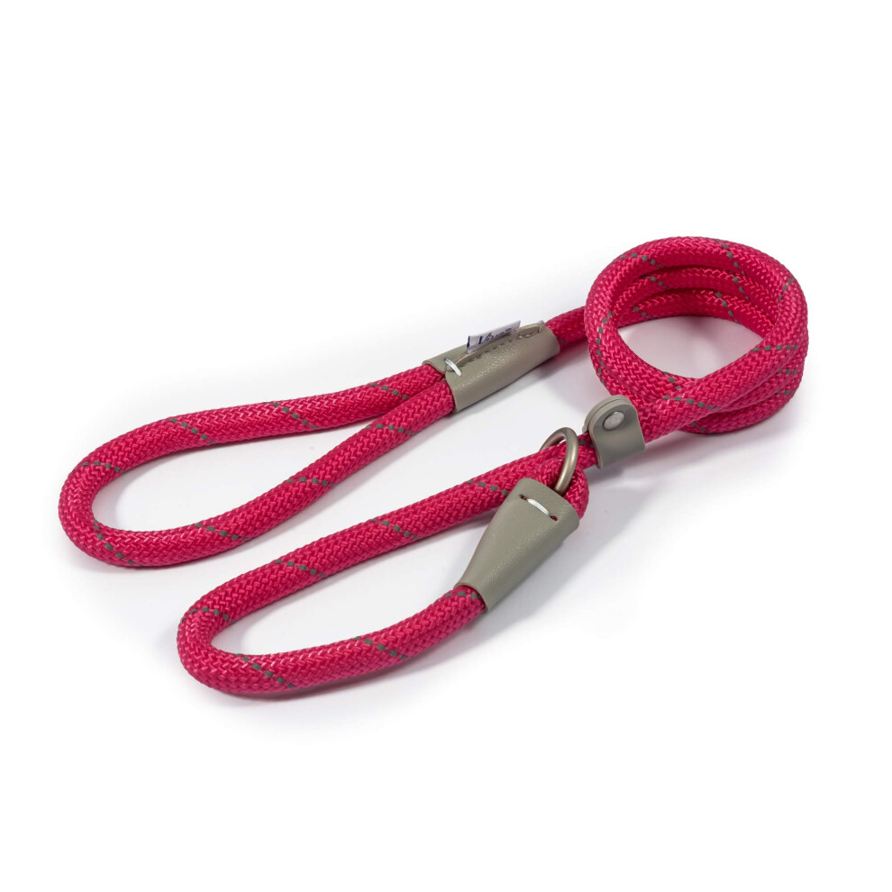Ancol Viva Reflective Rope And Leather Slip Dog Lead - Lightweight Weatherproof Durable Puppy Training Accessory - 1.5M X 12Mm Pink