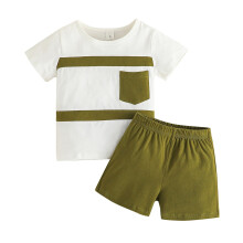 Peuter-, baby- en kinderkleding voor jongens, zomeroutfits: korte mouwen, patchwork topjes met zakjes, tweedelige set voor kinderen.