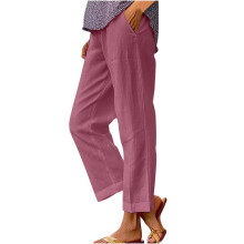 Pantalón recto de mujer, pantalón de talla grande para mujer, pantalón recto de algodón y lino con cintura elástica, pantalón palazzo informal