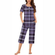 Damespyjamaset met korte mouwen, ronde hals en capribroek, zachte pyjamaset voor thuis, maten S-3XL
