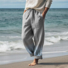 Pantalones de lino para hombre, verano, playa, cintura elástica con cordón, estampado de palmeras, transpirables, suaves, modernos, para