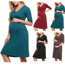 Fashion V Neck Dress for Women Spring Versatile 3/4 Sleeve Maternity Dress Stretchy Soft Breastfeeding Clothes Black 2XL
