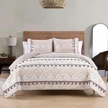 Boho Beige Queen Quilt Set with Tassels 3-Pc