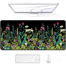 Tappetino per mouse da gioco XXL di grandi dimensioni (89x38 cm), in tessuto micro-intrecciato, base in gomma antiscivolo, con fiori neri –