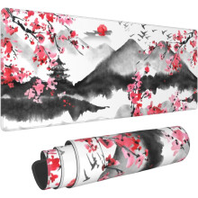 Japansk kirsebærblomst gaming musemåtte 89,5x28 cm, lyserød akvarel, skridsikker gummibase, syede kanter, XL skrivebordsmåtte